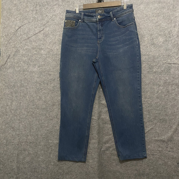 Chico's Denim - Chicos So Slimming Ankle Jeans Sz 1.5R US 14R Blue Embellished Leopard -SEE NOTE